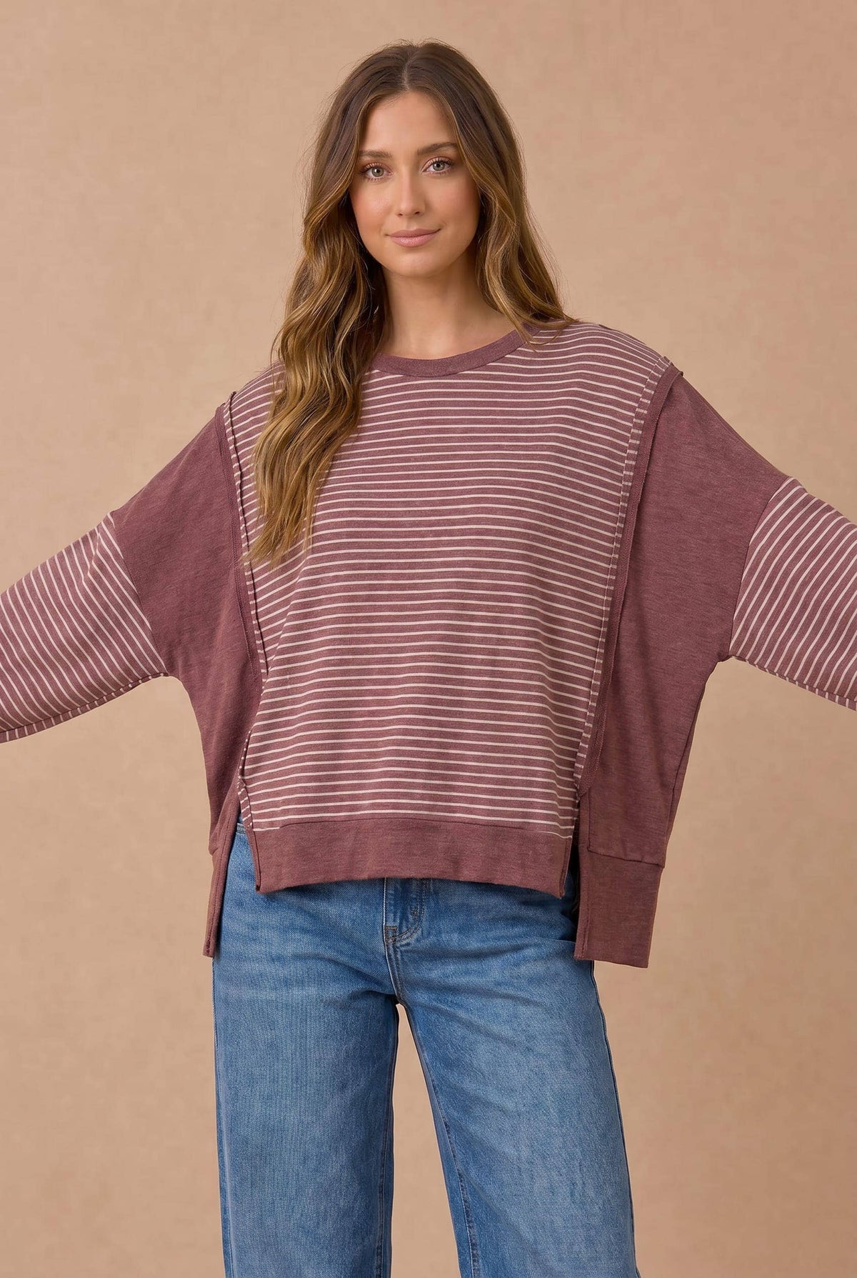 Drop Shoulder Stripe Color Block Pullover Top