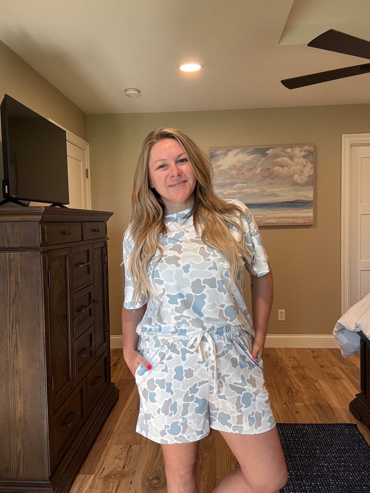 Casual Camo Short Sleeve Top and Drawstring Shorts Set
