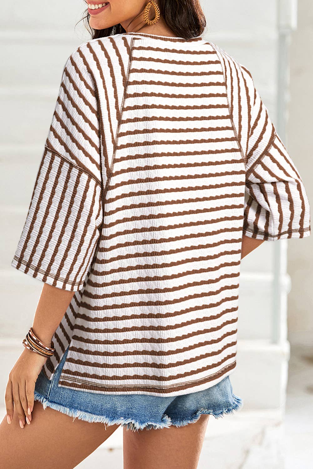 Lainey - Stripe Textured Knit Split Hem Half Sleeve Top