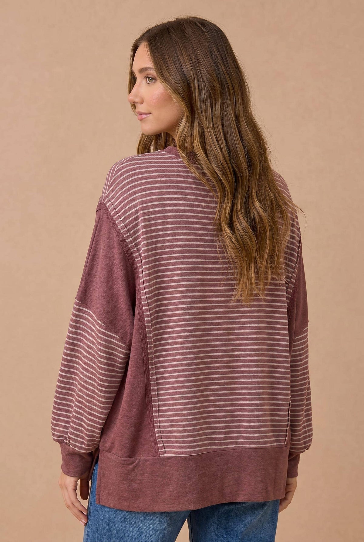 Drop Shoulder Stripe Color Block Pullover Top