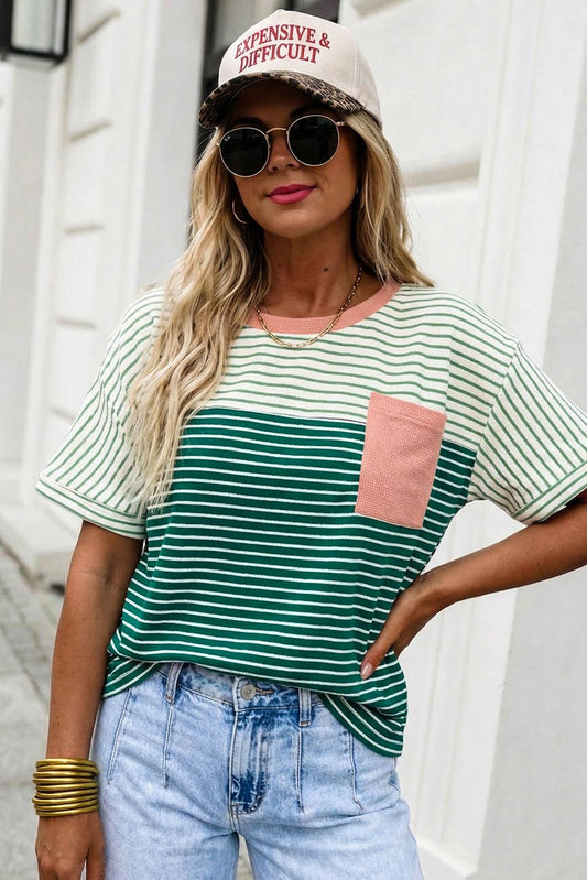 Sierra - Striped Print Color Block Detail Relaxed Tee