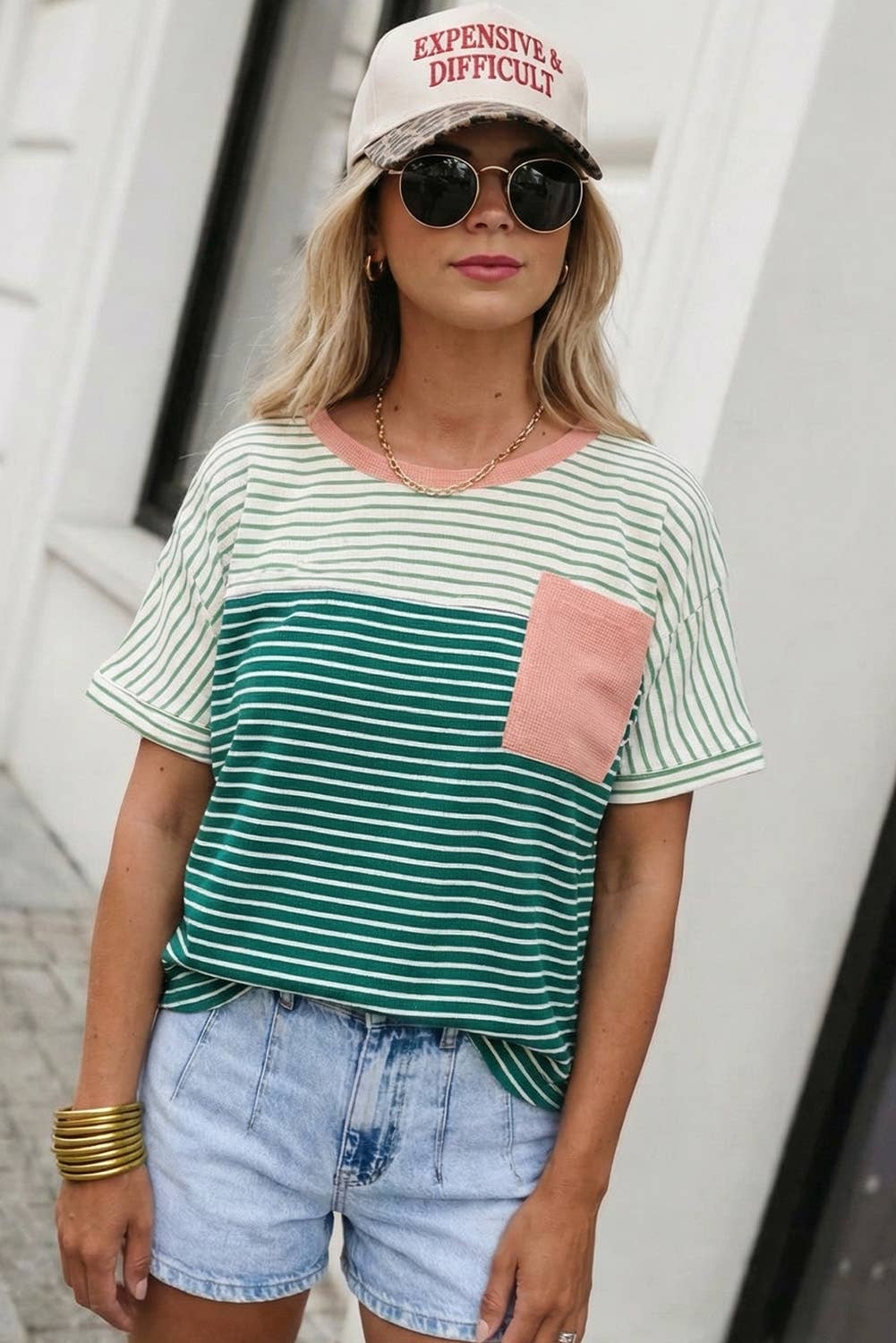 Sierra - Striped Print Color Block Detail Relaxed Tee