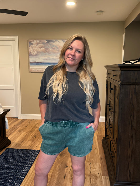 Emily - Acid Wash Dolphin Shorts - Evergreen