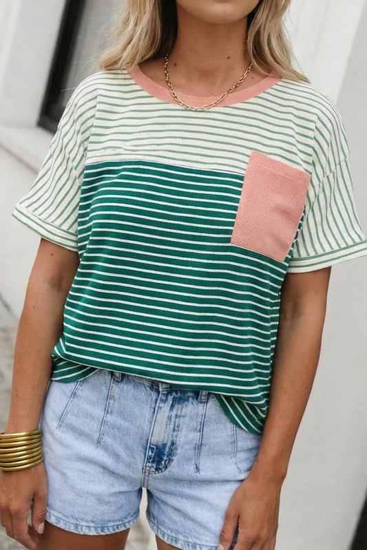 Sierra - Striped Print Color Block Detail Relaxed Tee