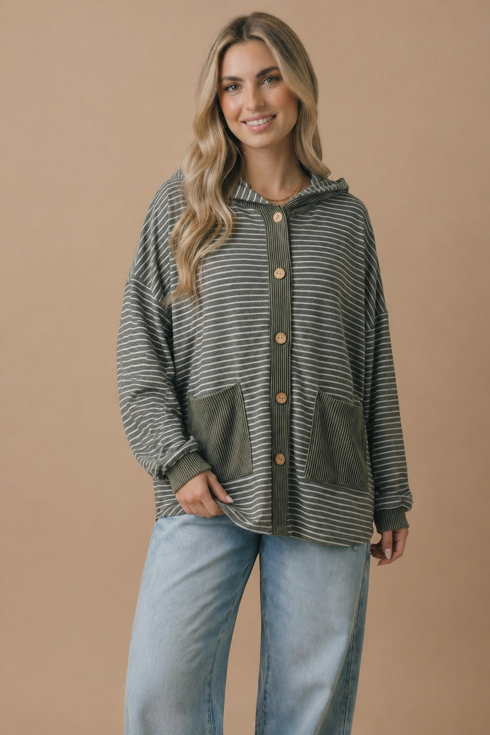Roselyn - Round Neck Striped Button Down Hoodie Top