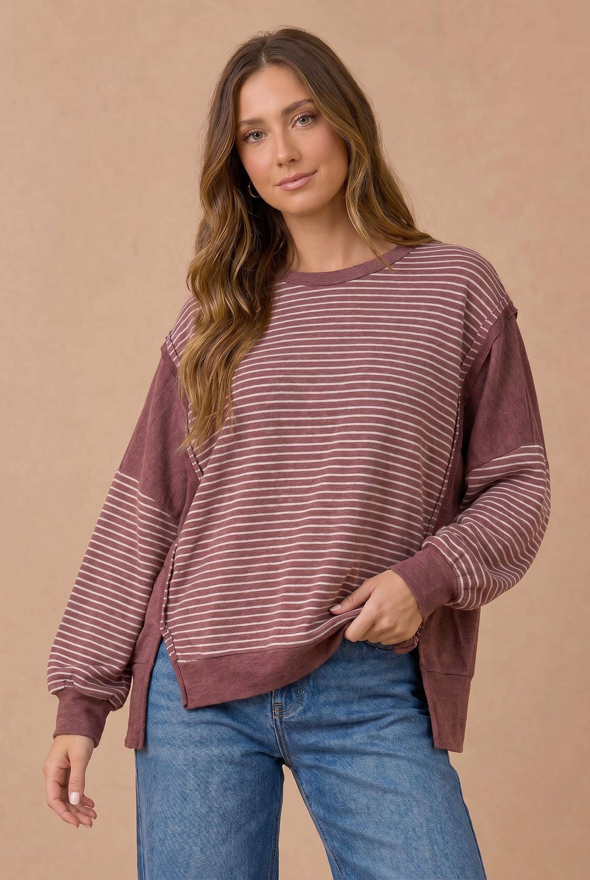 Drop Shoulder Stripe Color Block Pullover Top