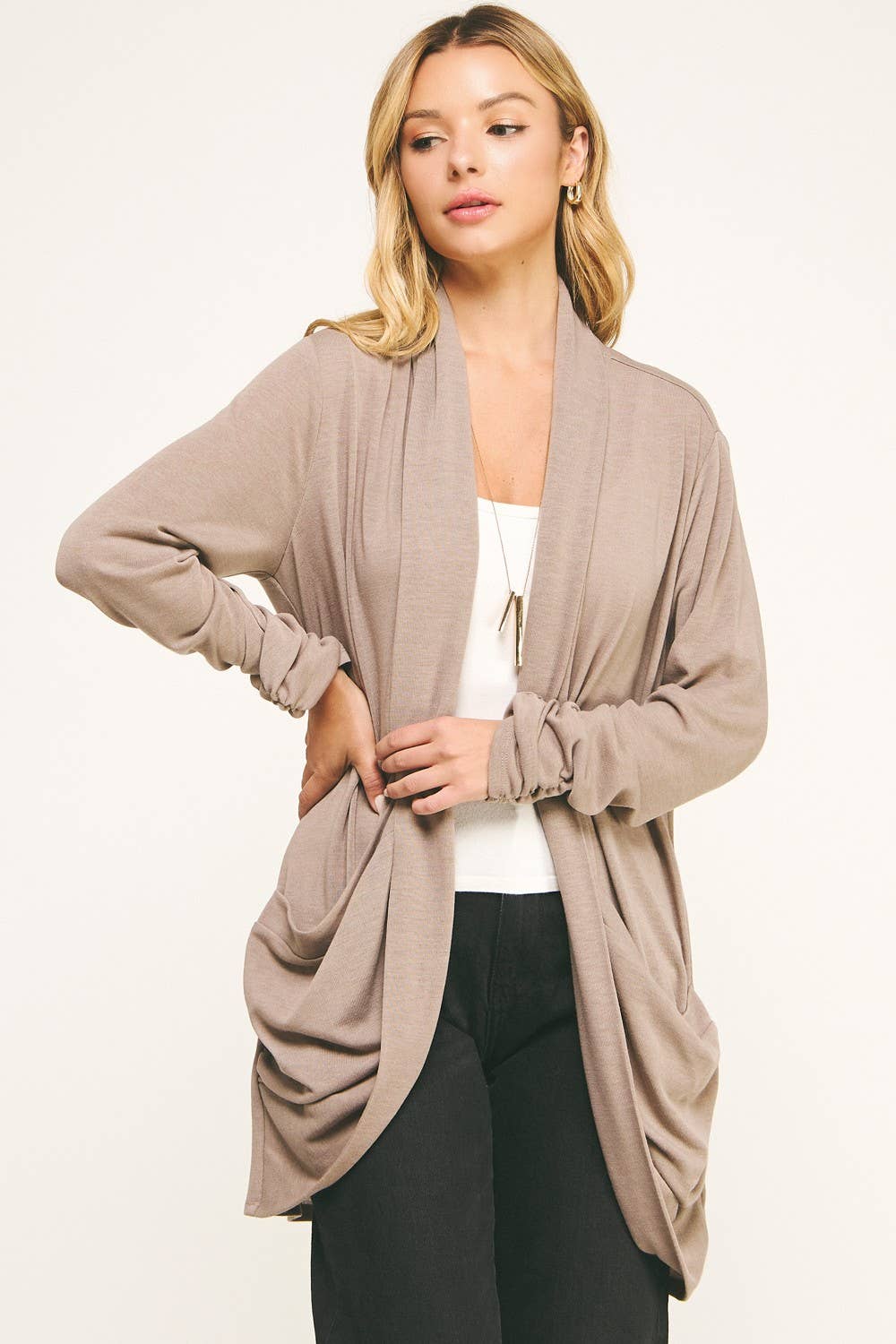 SOFT WRAP SHIRRED SIDE OPEN CARDIGAN