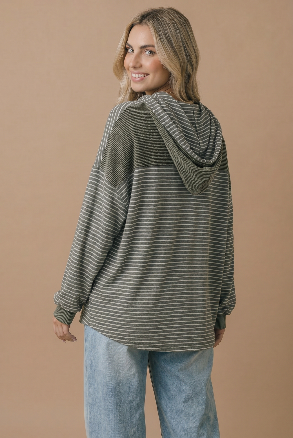 Roselyn - Round Neck Striped Button Down Hoodie Top